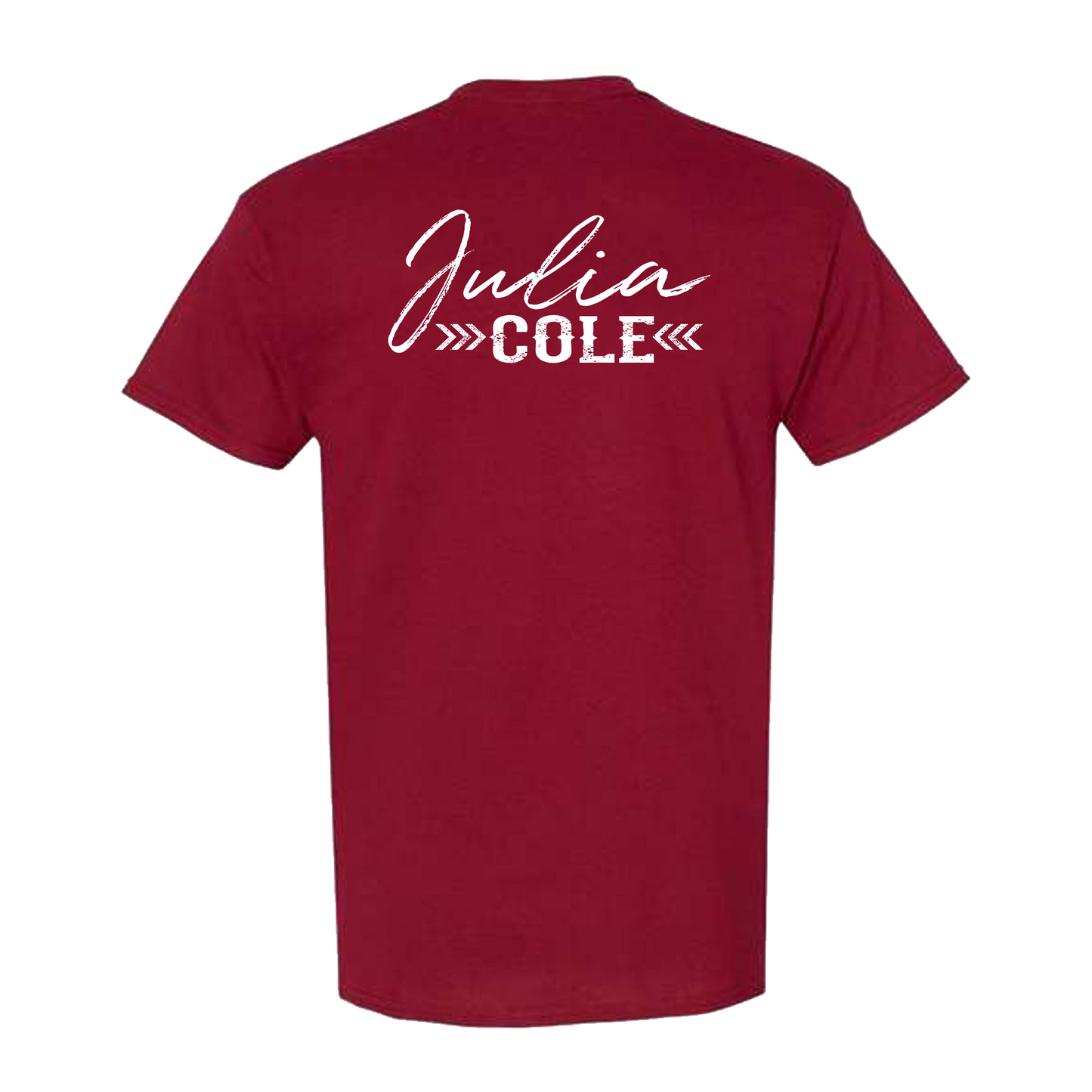 Red t-shirt with 'Julia Cole' printed on the back
