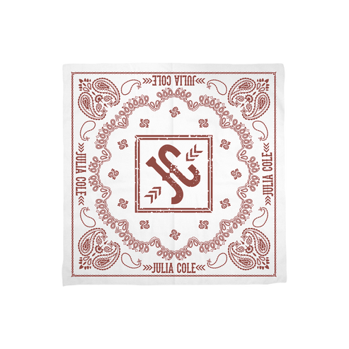 A square white bandana featuring a red paisley border and central monogram design with the text 'JULIA COLE' printed around the edges
