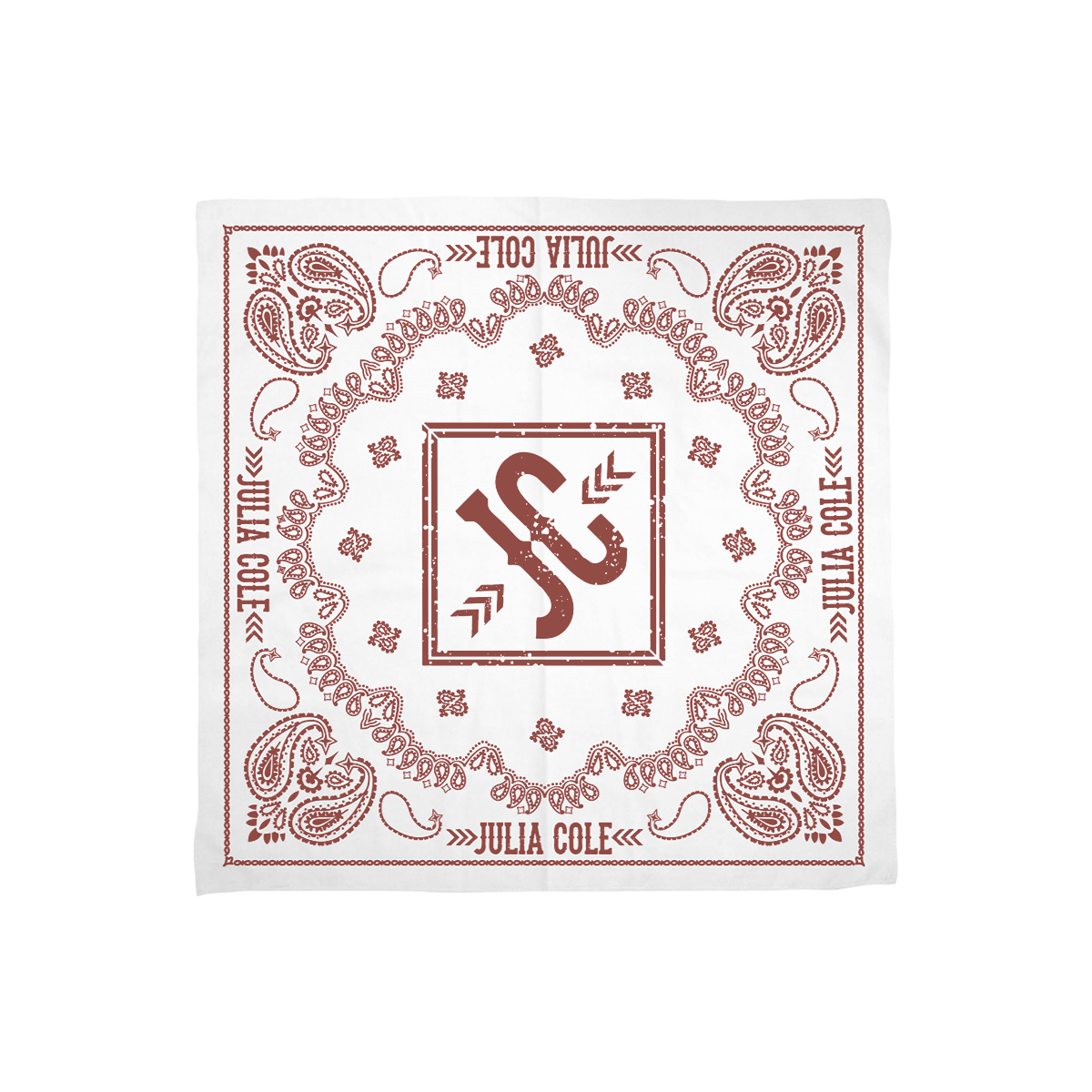 A square white bandana featuring a red paisley border and central monogram design with the text 'JULIA COLE' printed around the edges