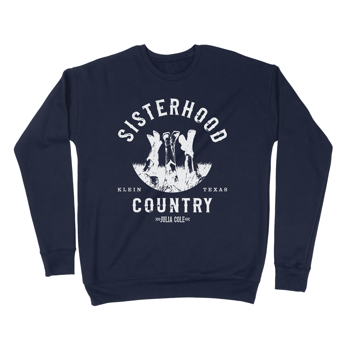 Julia Cole Sisterhood Country navy sweatshirt with 3 girls legs in cowboy boots in the grass