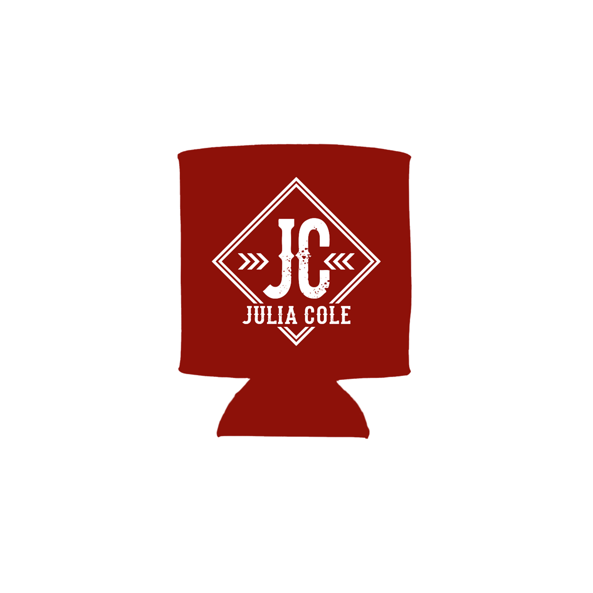 Red can cooler with 'Julia Cole' logo