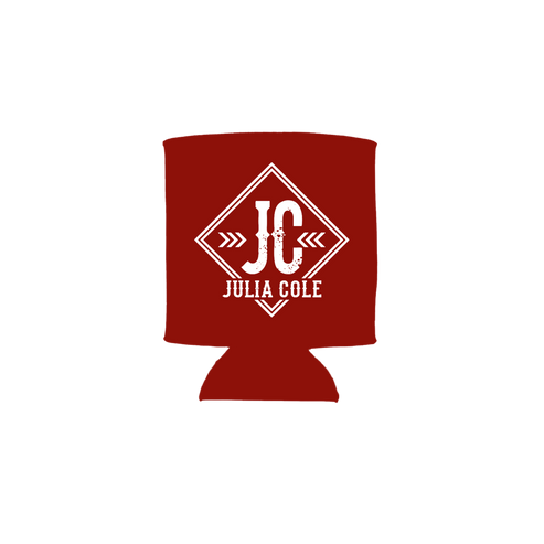 Red can cooler with 'Julia Cole' logo