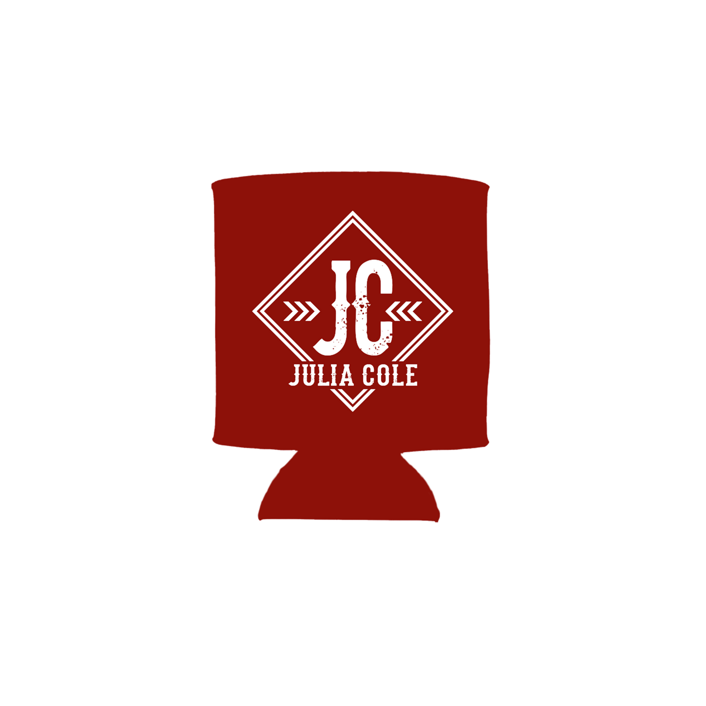 Red can cooler with 'Julia Cole' logo