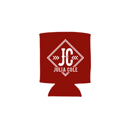 Red can cooler with 'Julia Cole' logo